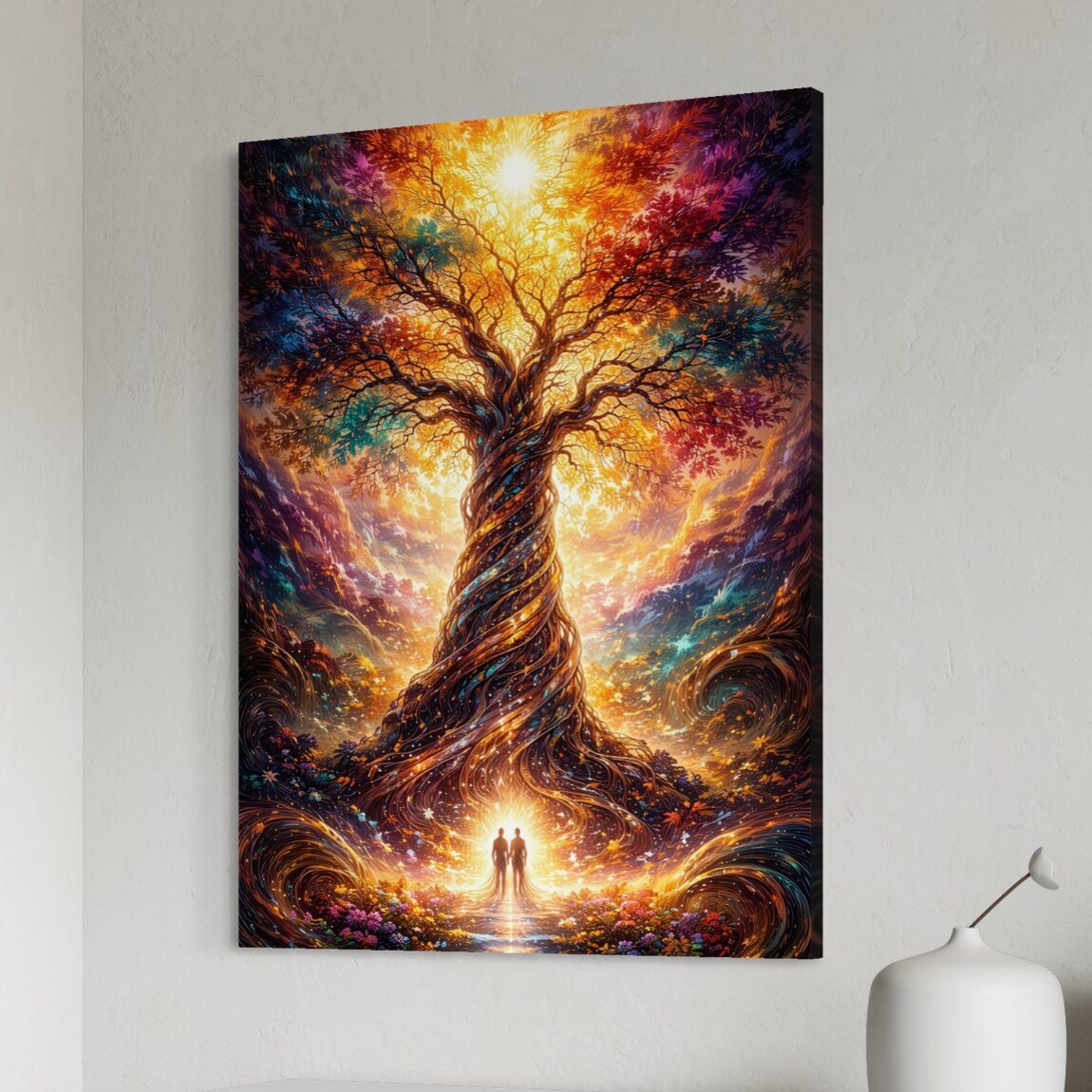 Tableau Arbre des Âmes représentant un arbre de vie fantastique lumineux avec branches colorées, racines majestueuses et silhouettes humaines dans une atmosphère féerique. Tableau Arbre des Âmes sur canvas mural représentant un arbre de vie lumineux et fantastique avec tronc majestueux, branches colorées et silhouettes humaines.
