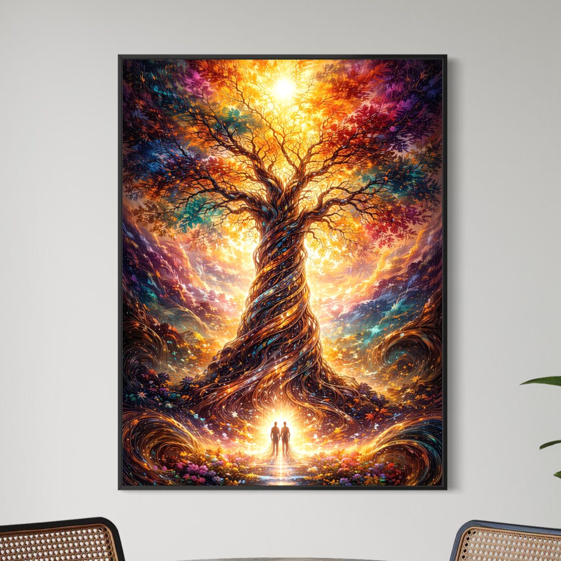 Tableau Arbre des Âmes représentant un arbre de vie fantastique lumineux avec branches colorées, racines majestueuses et silhouettes humaines dans une atmosphère féerique. Tableau Arbre des Âmes en décoration intérieure représentant un arbre de vie lumineux avec tronc majestueux, branches colorées et silhouettes humaines dans une atmosphère spirituelle.