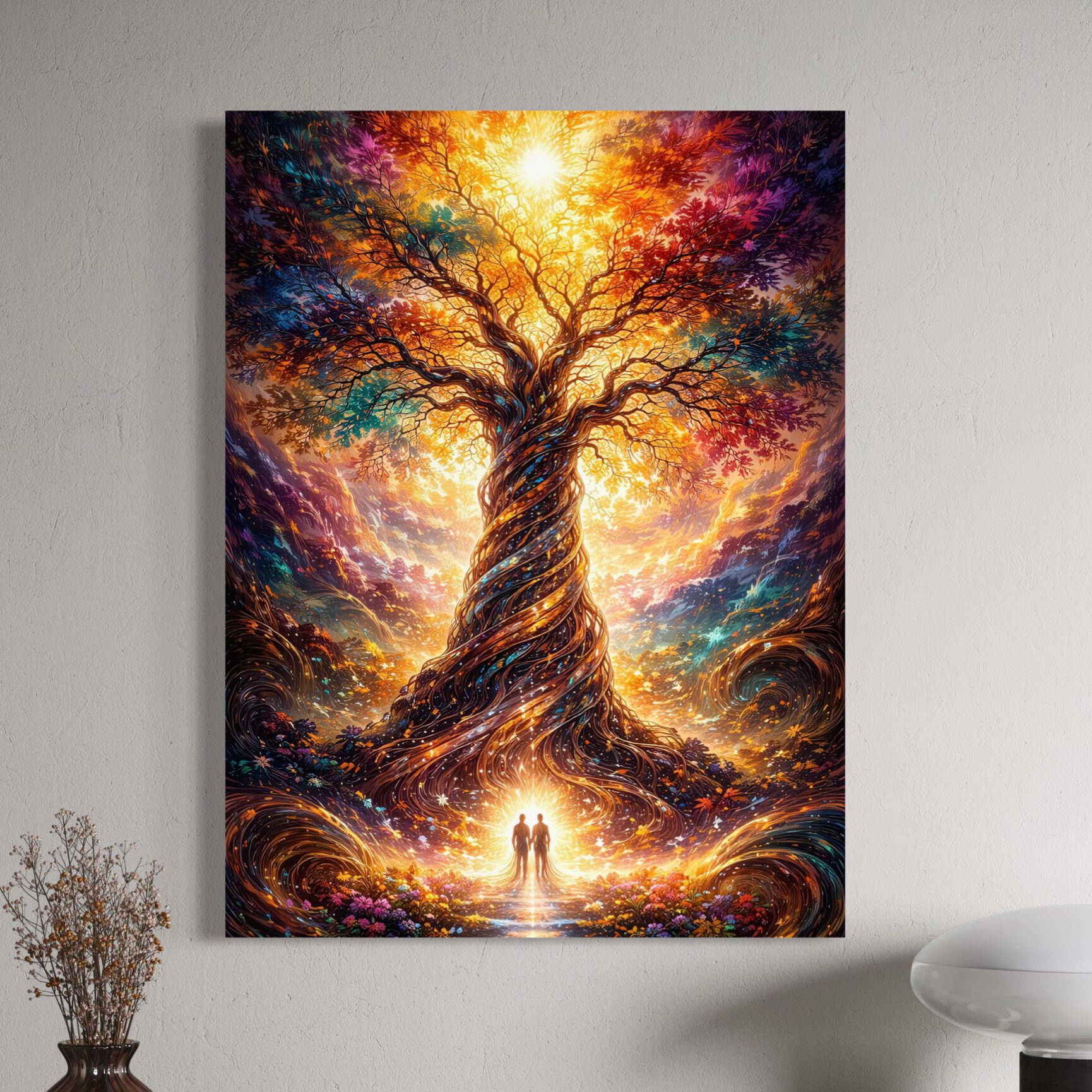 Tableau Arbre des Âmes représentant un arbre de vie fantastique lumineux avec branches colorées, racines majestueuses et silhouettes humaines dans une atmosphère féerique. Tableau Arbre des Âmes sur toile murale représentant un arbre de vie lumineux avec tronc majestueux, branches colorées et silhouettes humaines dans une atmosphère féerique et spirituelle.