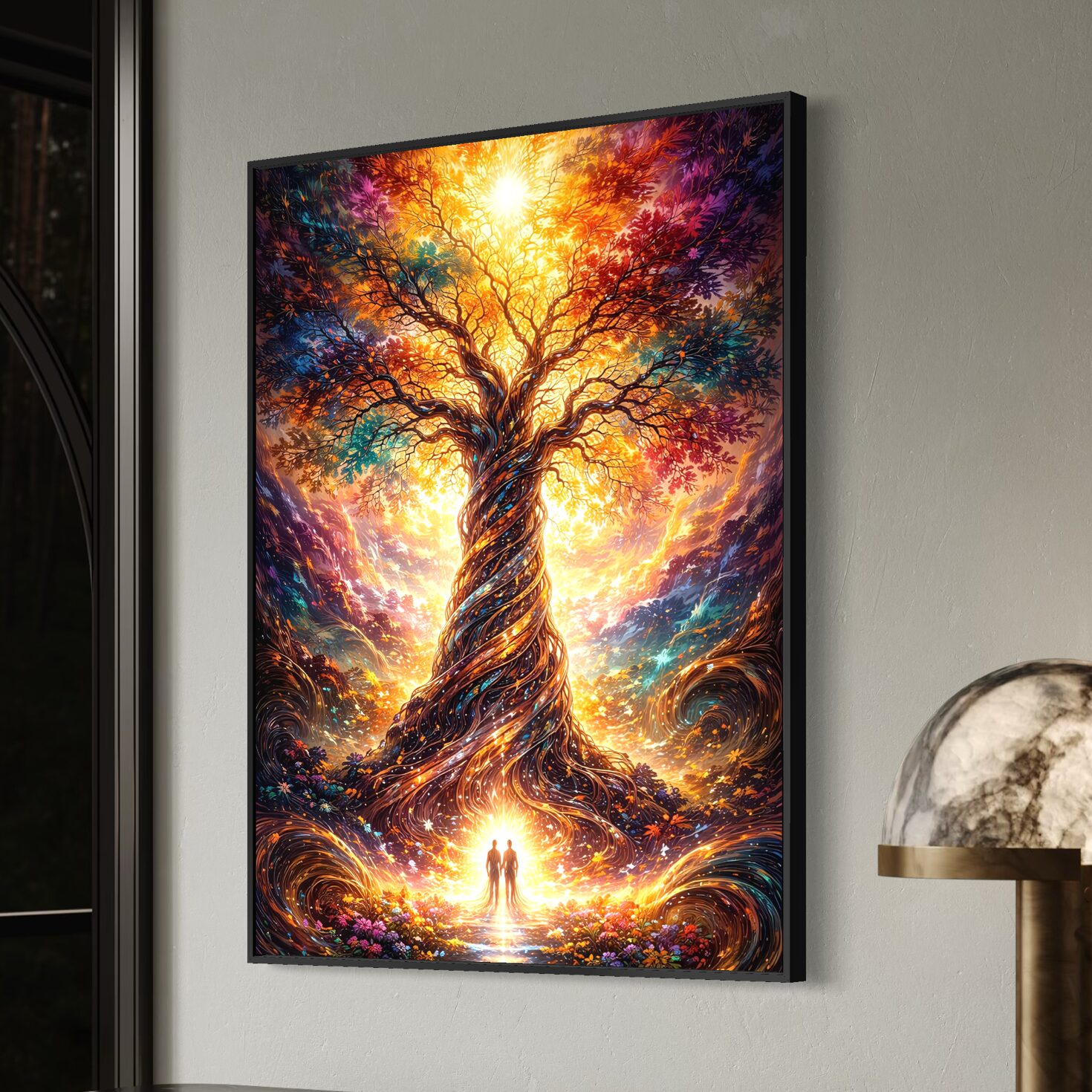 Tableau Arbre des Âmes représentant un arbre de vie fantastique lumineux avec branches colorées, racines majestueuses et silhouettes humaines dans une atmosphère féerique. Tableau Arbre des Âmes vu de côté représentant un arbre de vie lumineux et fantastique avec tronc majestueux, branches colorées et silhouettes humaines dans une atmosphère spirituelle.