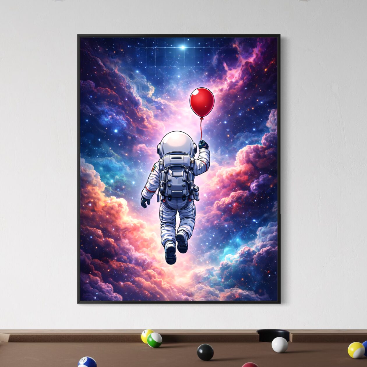 Tableau Hors du Monde – Astronaute et Ballon Rouge dans l’Espace Tableau Hors du Monde représentant un astronaute dans l’espace avec un ballon rouge, entouré d’une galaxie lumineuse, de nébuleuses colorées et d’étoiles dans une décoration murale moderne.