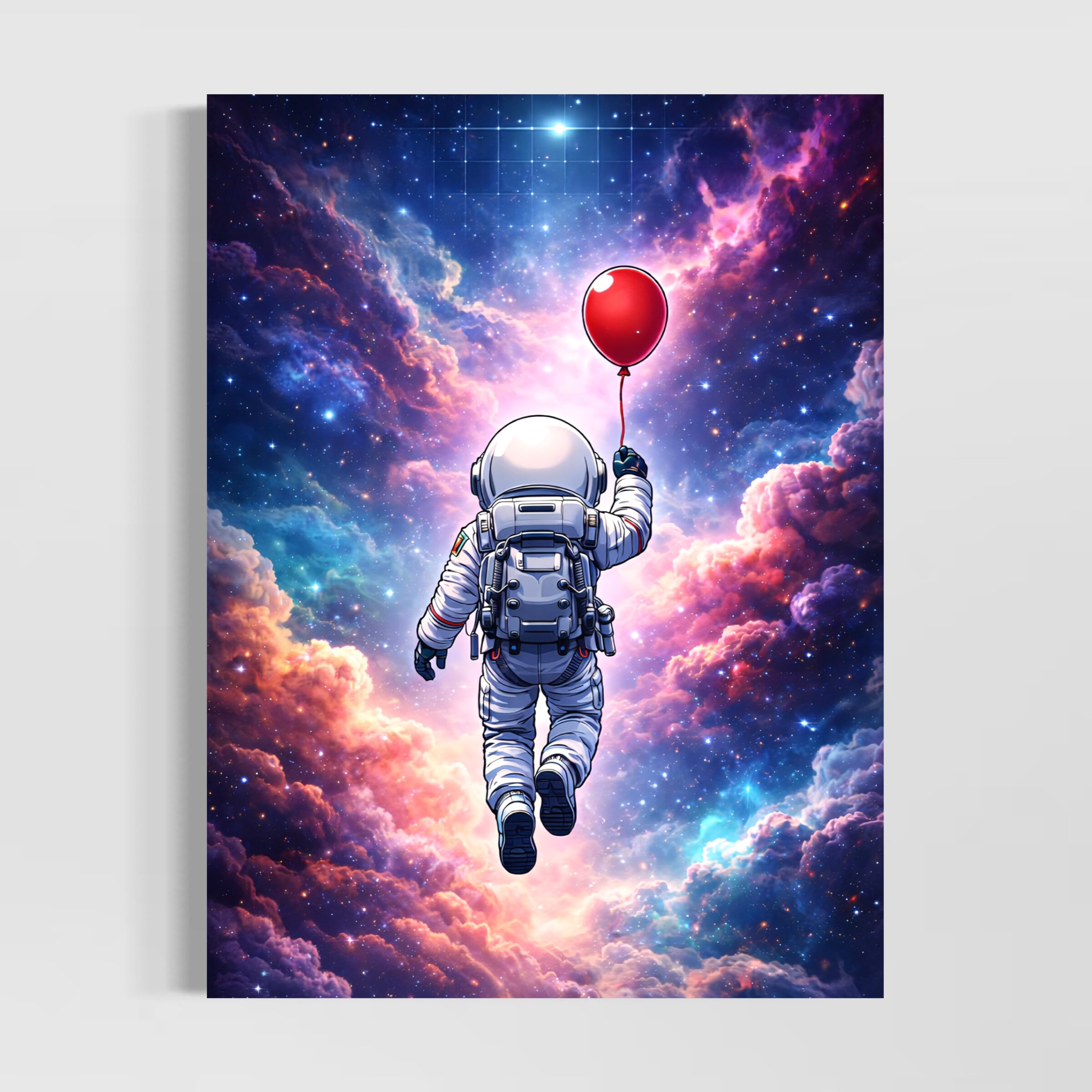 Tableau Hors du Monde – Astronaute et Ballon Rouge dans l’Espace Tableau Hors du Monde représentant un astronaute flottant dans l’espace avec un ballon rouge, entouré de nébuleuses lumineuses, d’étoiles et de nuages cosmiques dans une atmosphère onirique.