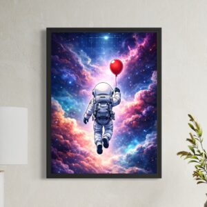Tableau Hors du Monde encadré noir représentant un astronaute flottant dans l’espace avec un ballon rouge, entouré de nébuleuses lumineuses, d’étoiles et de nuages cosmiques.
