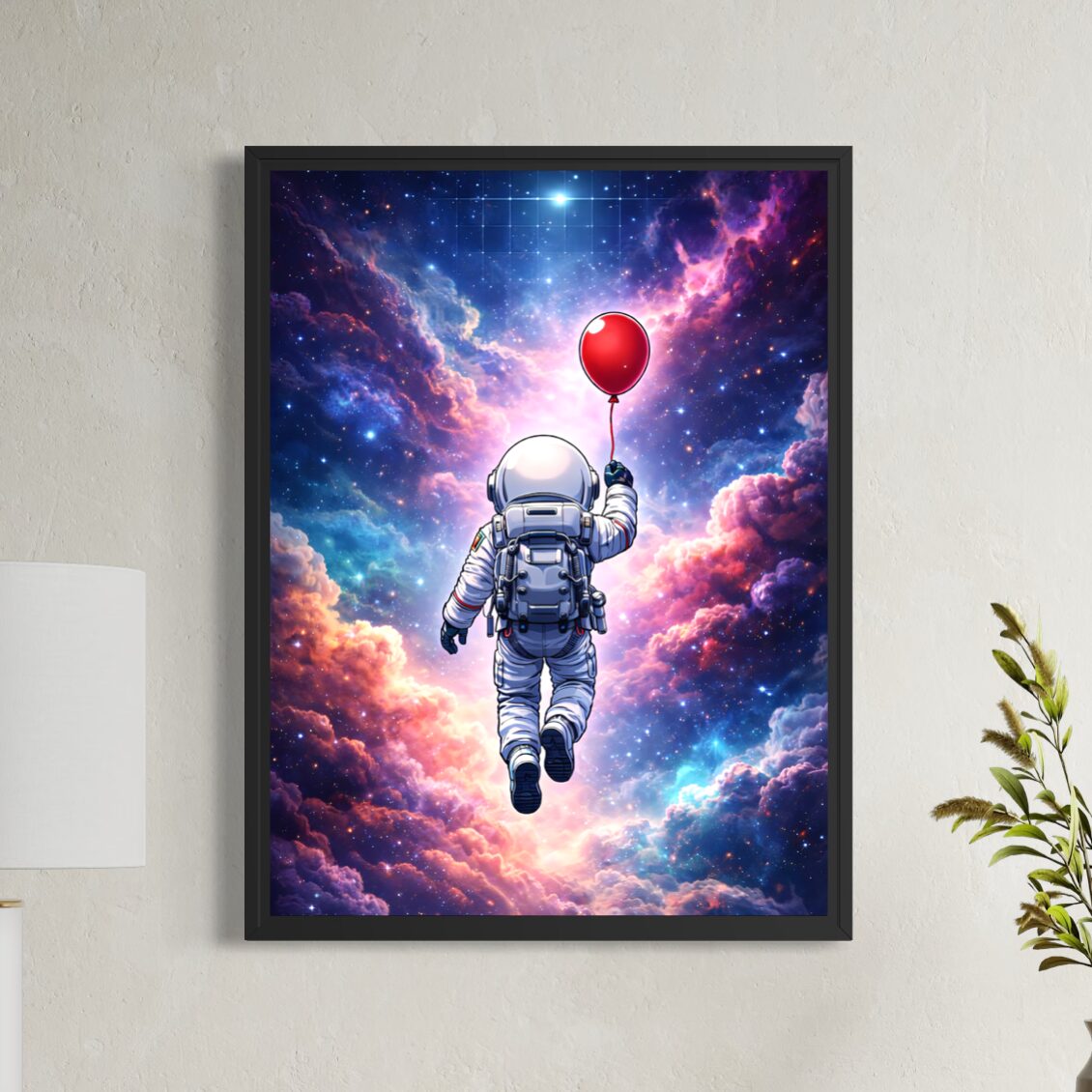 Tableau Hors du Monde – Astronaute et Ballon Rouge dans l’Espace Tableau Hors du Monde encadré noir représentant un astronaute flottant dans l’espace avec un ballon rouge, entouré de nébuleuses lumineuses, d’étoiles et de nuages cosmiques.