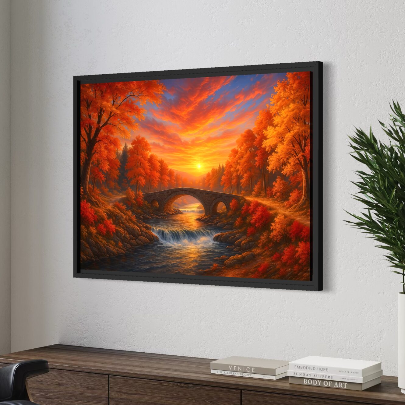 Tableau Paysage Automnal Passage d'Ambre – Rivière & Pont de Pierre | SPEKTRA Tableau Passage d'Ambre encadré représentant un pont en pierre sur une rivière au coucher du soleil dans une forêt aux couleurs flamboyantes d'automne