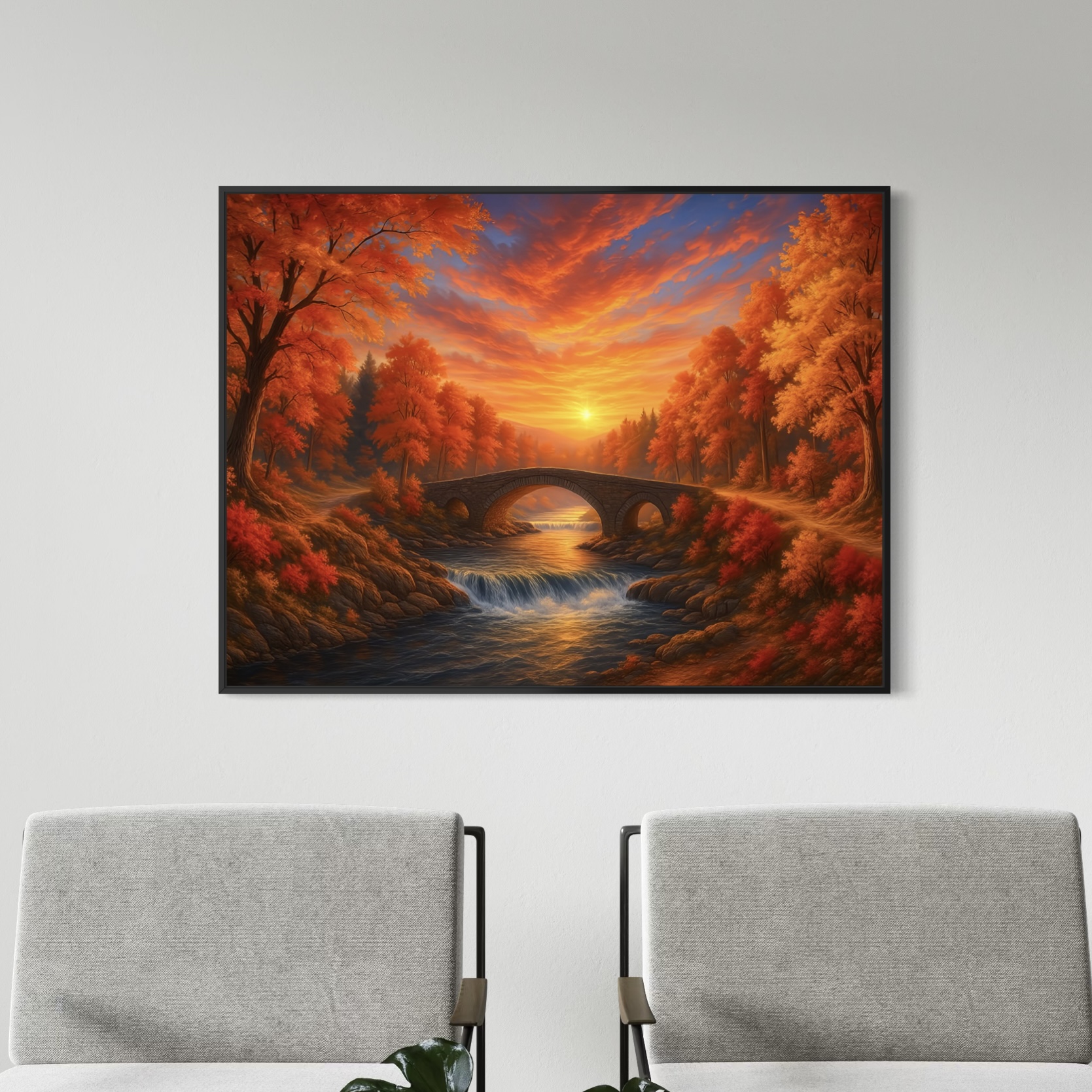 Tableau Paysage Automnal Passage d'Ambre – Rivière & Pont de Pierre | SPEKTRA Tableau encadré Passage d'Ambre représentant un pont de pierre sur une rivière au coucher du soleil dans une forêt automnale aux couleurs rouge orangé