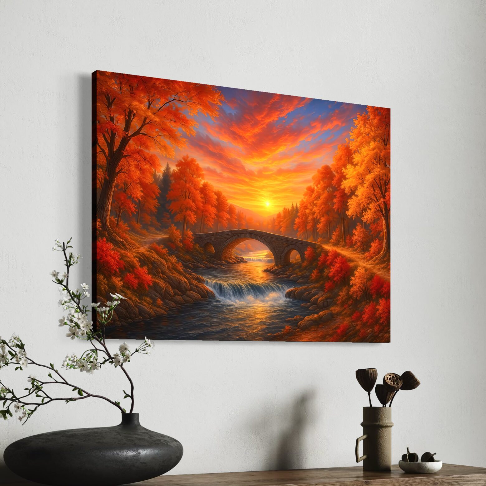 Tableau Paysage Automnal Passage d'Ambre – Rivière & Pont de Pierre | SPEKTRA Tableau automne Passage d'Ambre avec pont en pierre sur rivière et coucher de soleil flamboyant dans une forêt aux couleurs d'automne