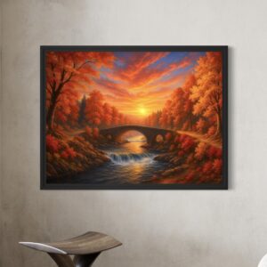 Tableau encadré Passage d'Ambre représentant un pont en pierre traversant une rivière sous un coucher de soleil automnal aux couleurs orange et rouge flamboyantes