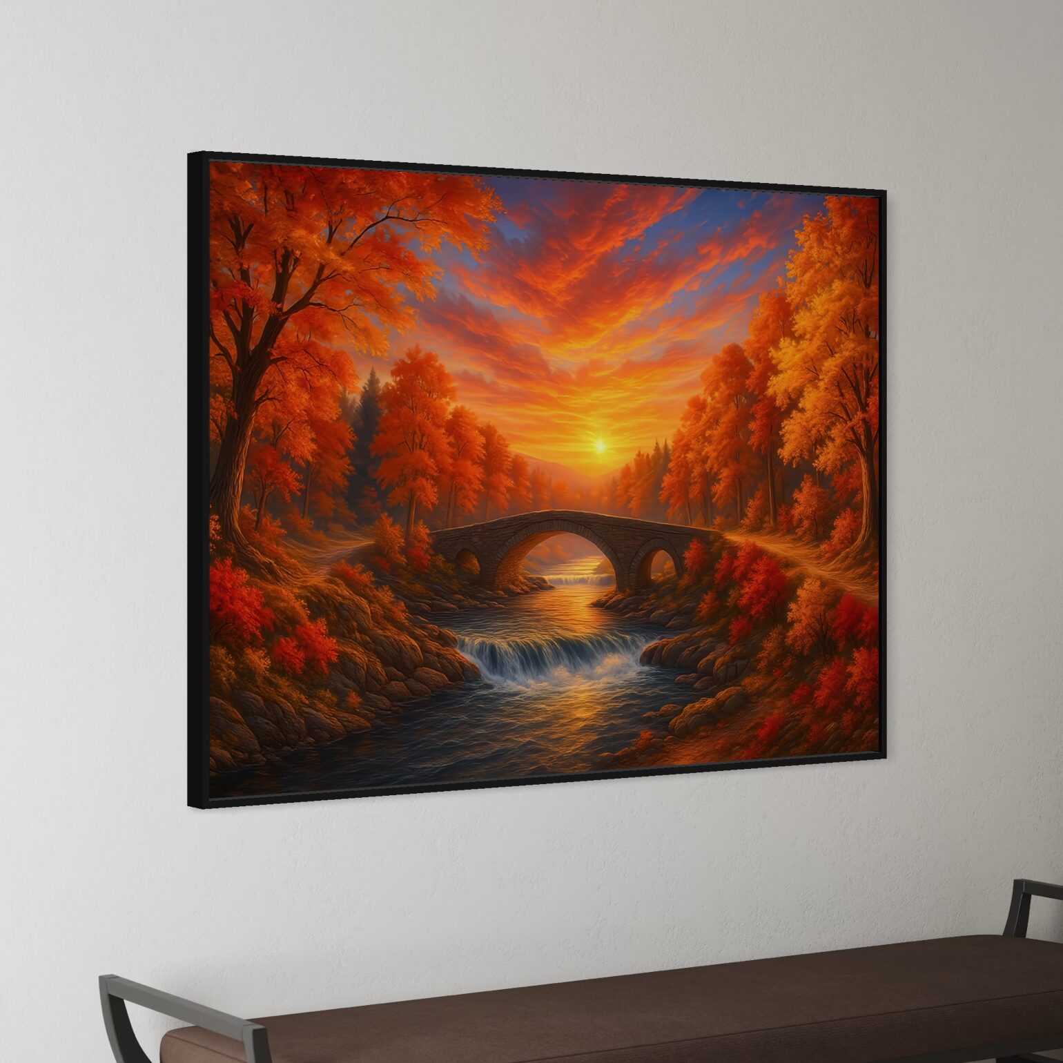 Tableau Paysage Automnal Passage d'Ambre – Rivière & Pont de Pierre | SPEKTRA Tableau Passage d'Ambre avec cadre noir représentant un pont de pierre sur une rivière sous un coucher de soleil automnal aux couleurs flamboyantes