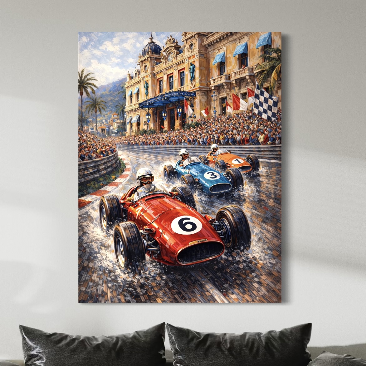 Tableau Grand Prix Monaco – Légende Monégasque Tableau Grand Prix de Monaco vintage Légende Monégasque représentant des voitures de course classiques devant le Casino de Monte-Carlo sous l’effervescence de la foule
