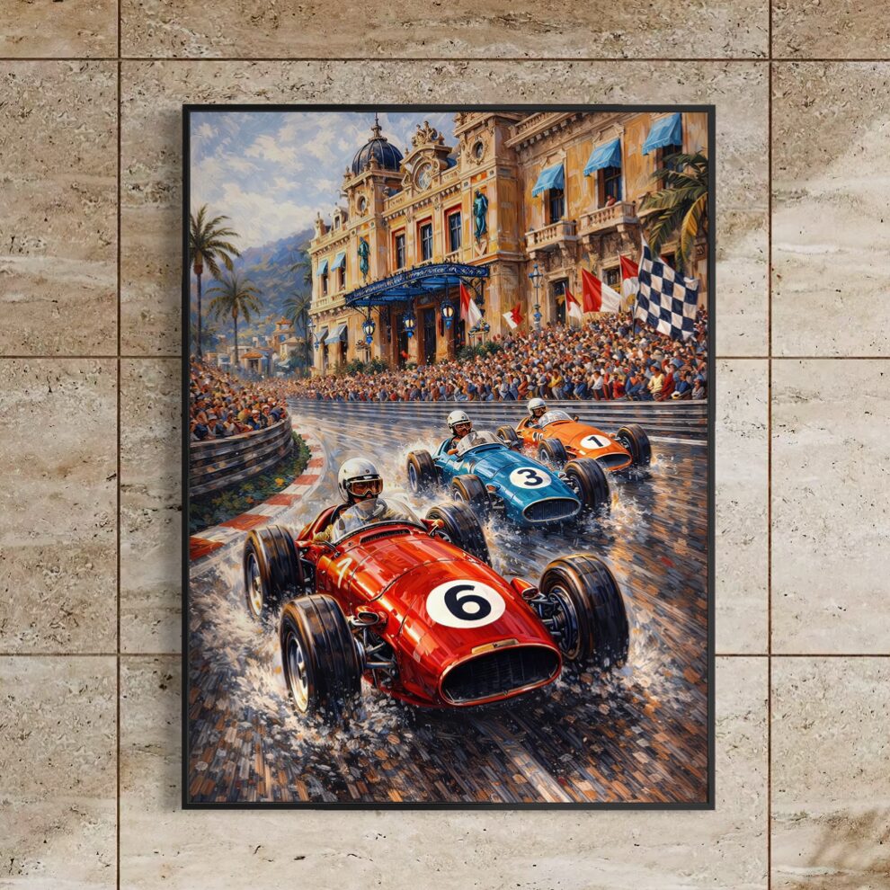 Tableau Grand Prix Monaco – Légende Monégasque Tableau automobile vintage Légende Monégasque illustrant des voitures de course historiques sur le circuit du Grand Prix de Monaco devant le Casino de Monte-Carlo