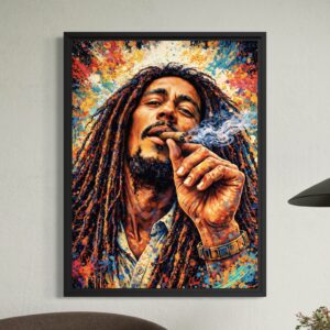 Tableau Marley Spirit inspiré de Bob Marley représentant un portrait reggae coloré avec dreadlocks, fumée blanche, éclats de peinture et énergie rasta dans une décoration murale contemporaine.
