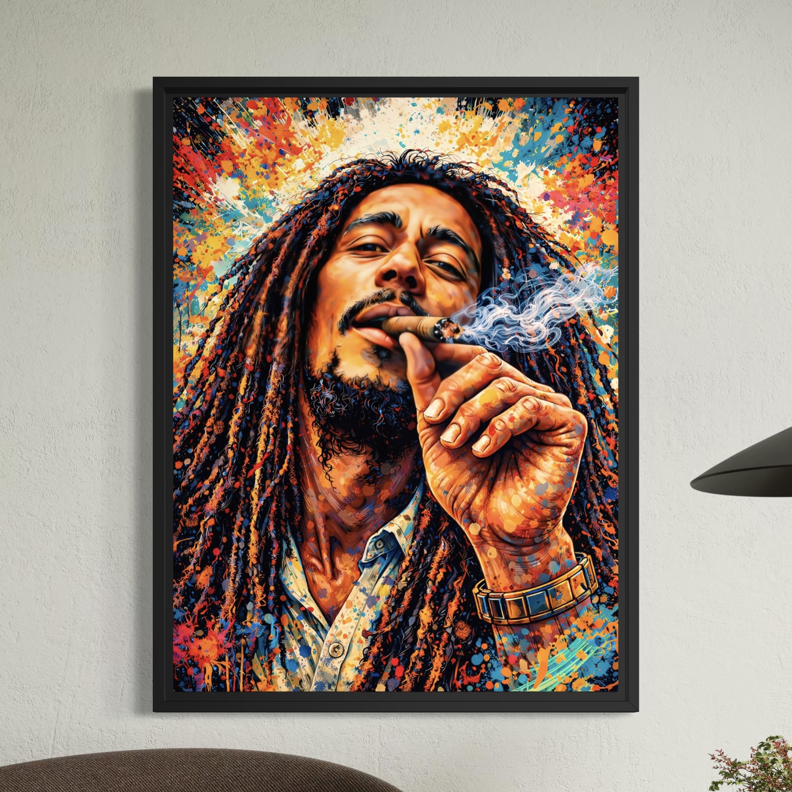 Tableau Marley Spirit inspiré de Bob Marley représentant un portrait reggae coloré avec dreadlocks, fumée blanche, éclats de peinture et énergie rasta dans une décoration murale contemporaine.