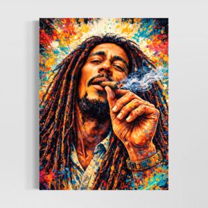 Tableau Marley Spirit inspiré de Bob Marley représentant un portrait reggae coloré avec dreadlocks, fumée blanche, éclats de peinture et énergie rasta dans une atmosphère pop art contemporaine.