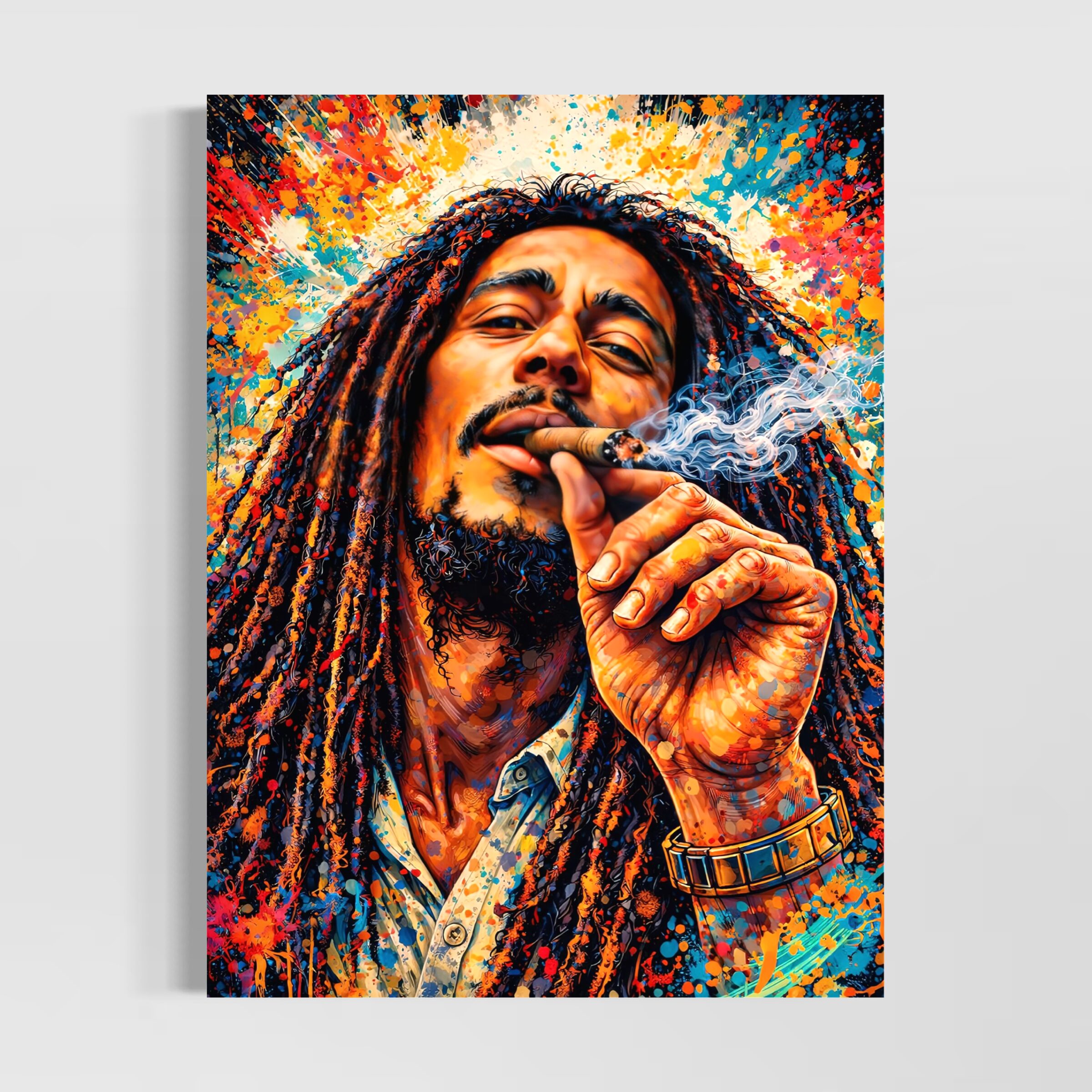 Tableau Marley Spirit inspiré de Bob Marley représentant un portrait reggae coloré avec dreadlocks, fumée blanche, éclats de peinture et énergie rasta dans une atmosphère pop art contemporaine.