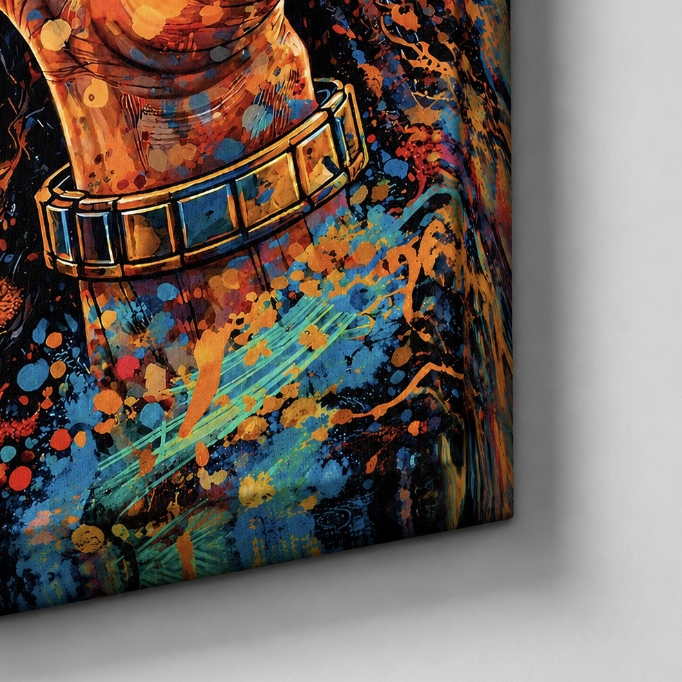 Détail de la toile Marley Spirit inspirée de Bob Marley mettant en valeur la texture du canvas, les éclats de peinture colorés, les nuances reggae et la finition premium du tableau.