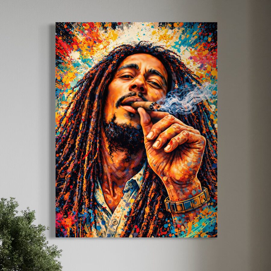 Canvas mural Marley Spirit inspiré de Bob Marley représentant un portrait reggae rasta coloré avec dreadlocks, fumée blanche, éclats de peinture et énergie musicale dans une décoration murale moderne.