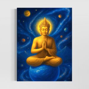 Tableau Monarque Stellaire représentant un Bouddha doré entouré de planètes et galaxies dans un univers cosmique