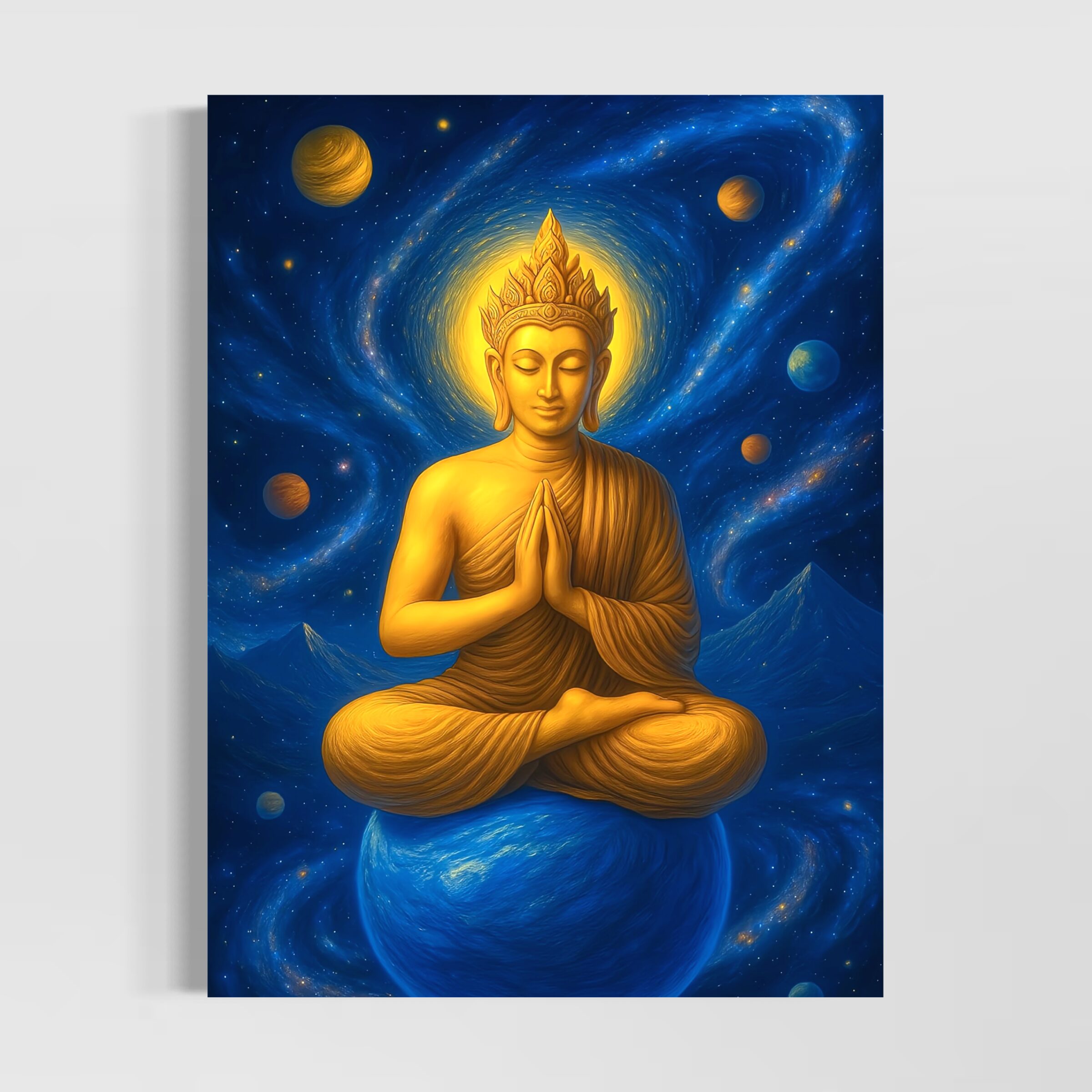 Tableau Monarque Stellaire représentant un Bouddha doré entouré de planètes et galaxies dans un univers cosmique