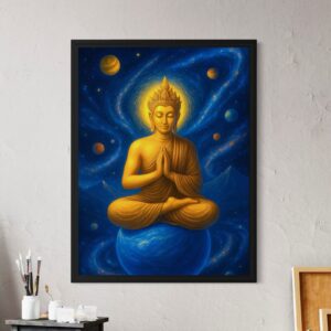Tableau Monarque Stellaire représentant un Bouddha doré assis sur une planète bleue au cœur d’un univers cosmique peuplé de galaxies et de planètes lumineuses