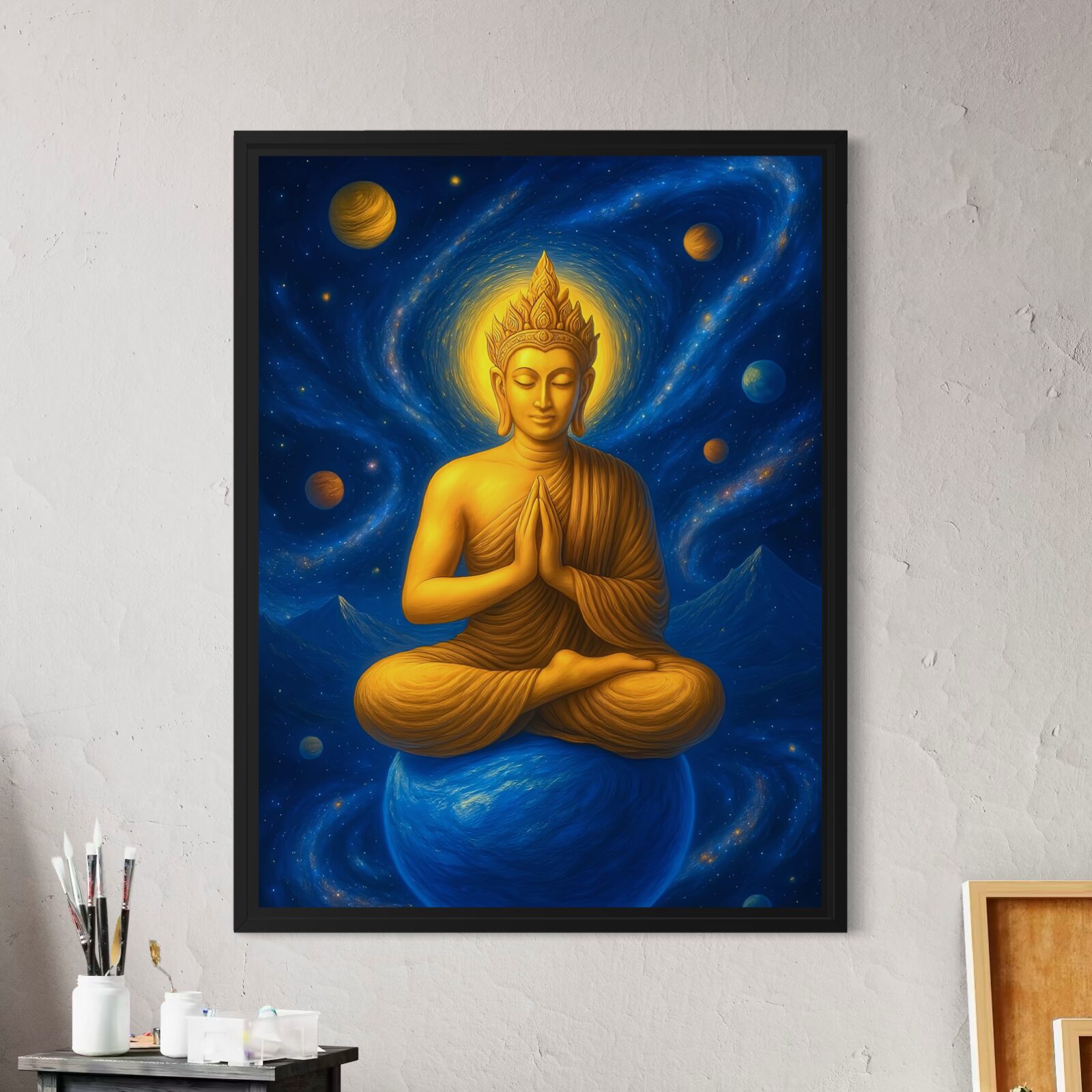 Tableau Monarque Stellaire représentant un Bouddha doré assis sur une planète bleue au cœur d’un univers cosmique peuplé de galaxies et de planètes lumineuses