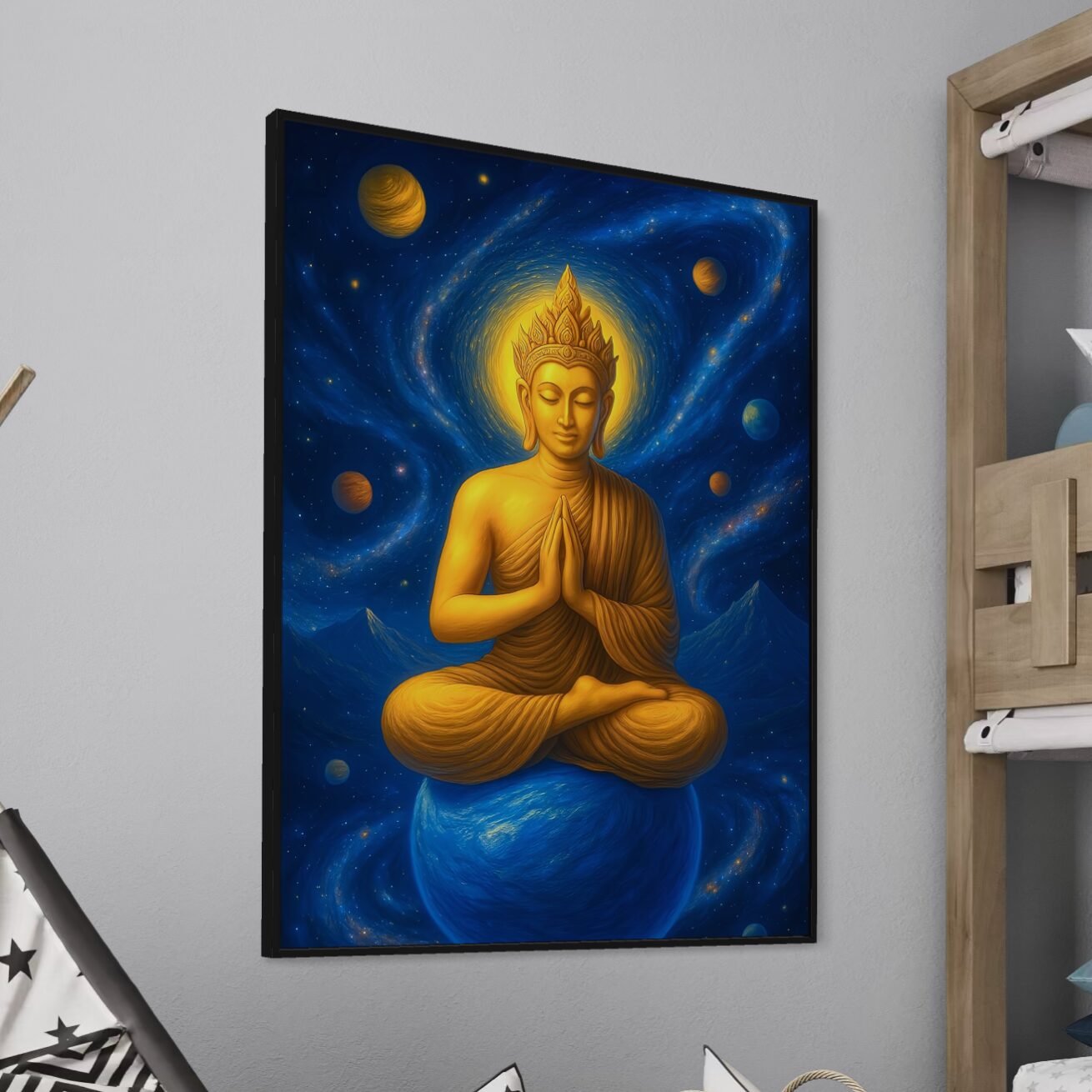 Tableau Monarque Stellaire représentant un Bouddha doré en méditation entouré de galaxies et de planètes dans un univers cosmique bleu