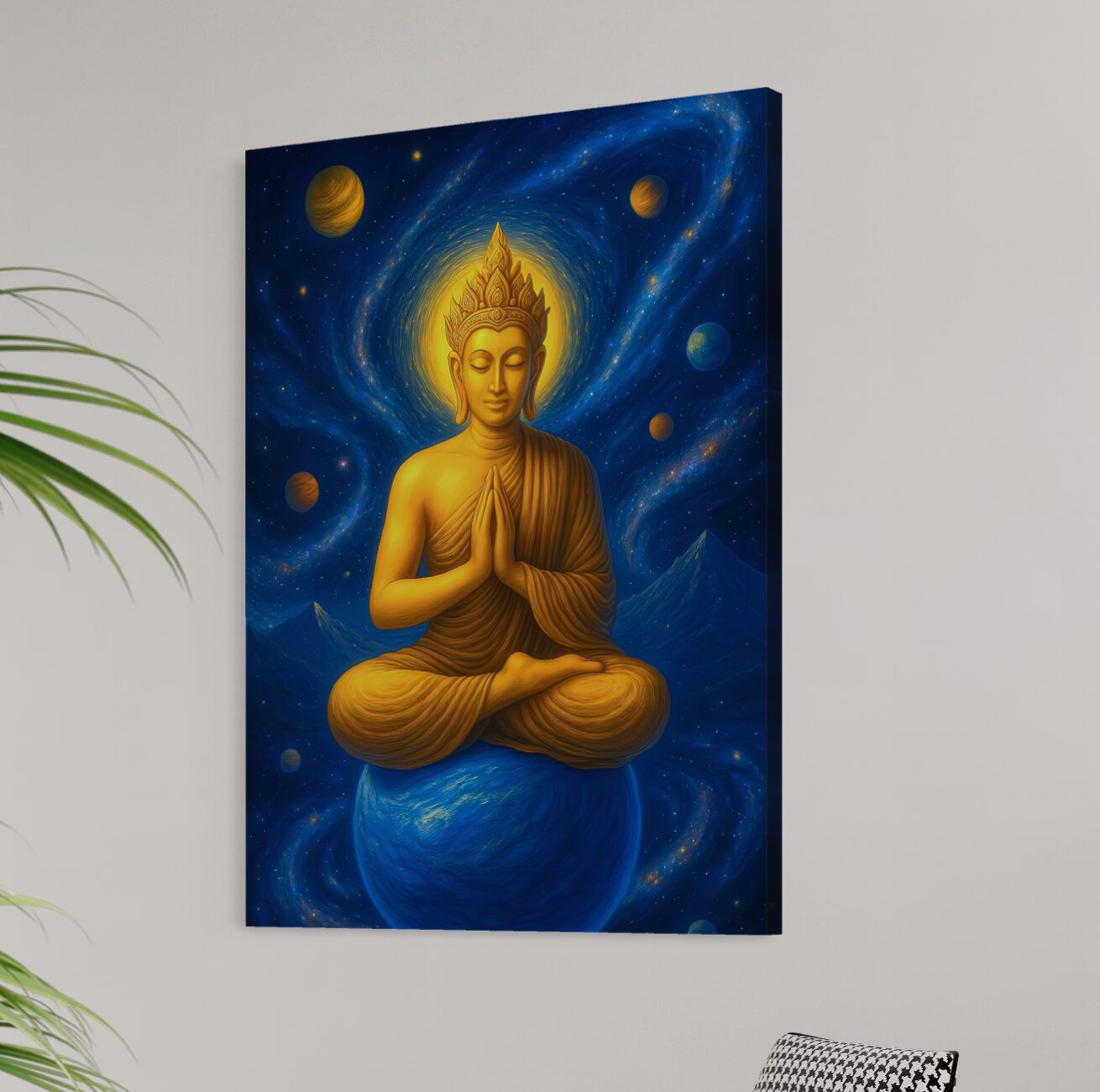 Tableau Monarque Stellaire représentant un Bouddha doré en méditation au milieu des planètes et galaxies dans un univers cosmique bleu