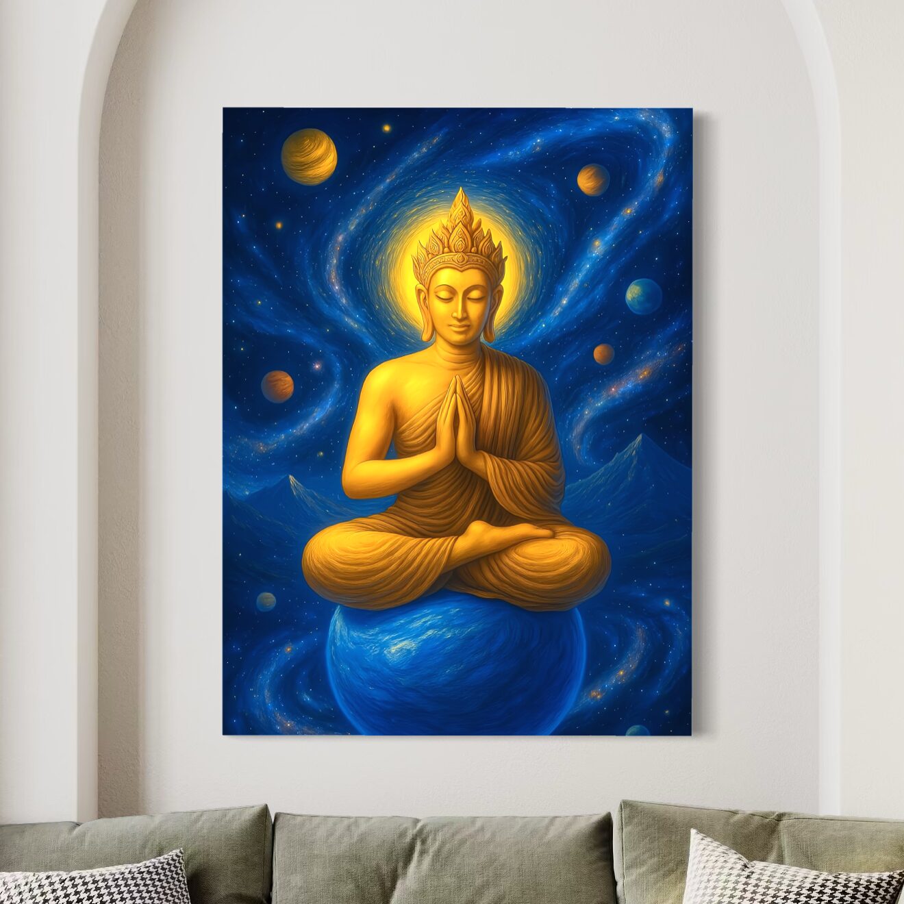 Tableau Monarque Stellaire représentant un Bouddha doré en méditation au centre d’un univers cosmique avec planètes, galaxies et lumière céleste