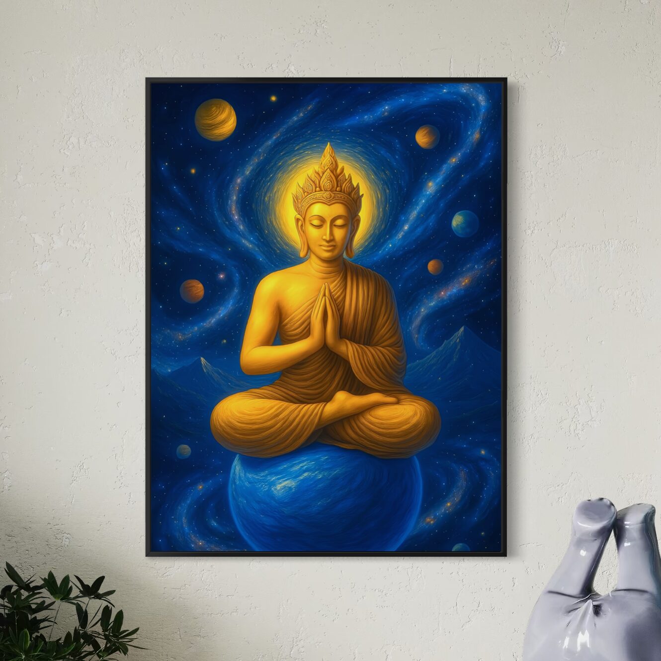 Tableau Monarque Stellaire représentant un Bouddha doré en méditation entouré de planètes et de galaxies dans un univers cosmique