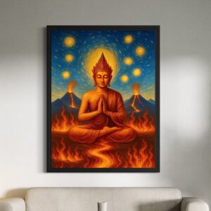 Tableau Bouddha Esprit Volcanique encadré noir dans un salon moderne avec volcans en éruption, flammes sacrées et méditation spirituelle contemporaine