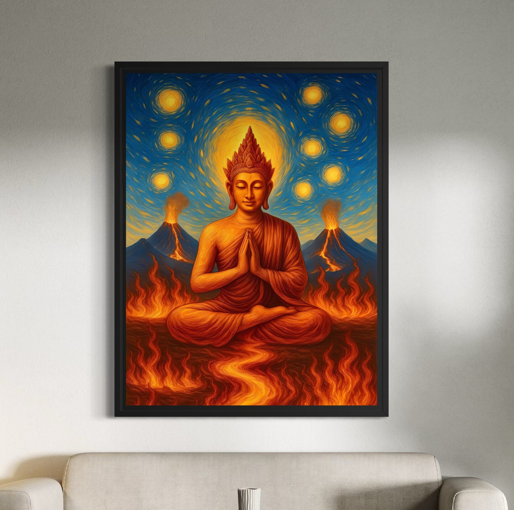 Tableau Bouddha Esprit Volcanique encadré noir dans un salon moderne avec volcans en éruption, flammes sacrées et méditation spirituelle contemporaine
