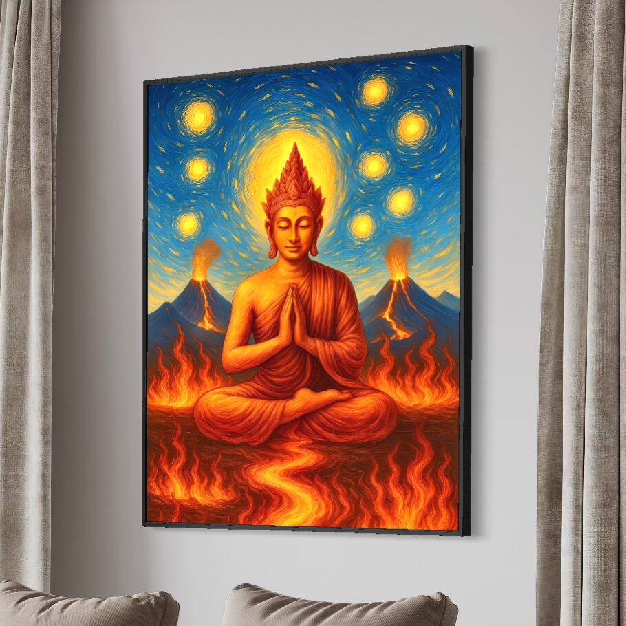 Tableau Bouddha Esprit Volcanique encadré dans un salon contemporain avec méditation, volcans en éruption, flammes et ciel étoilé inspiré de l’art spirituel