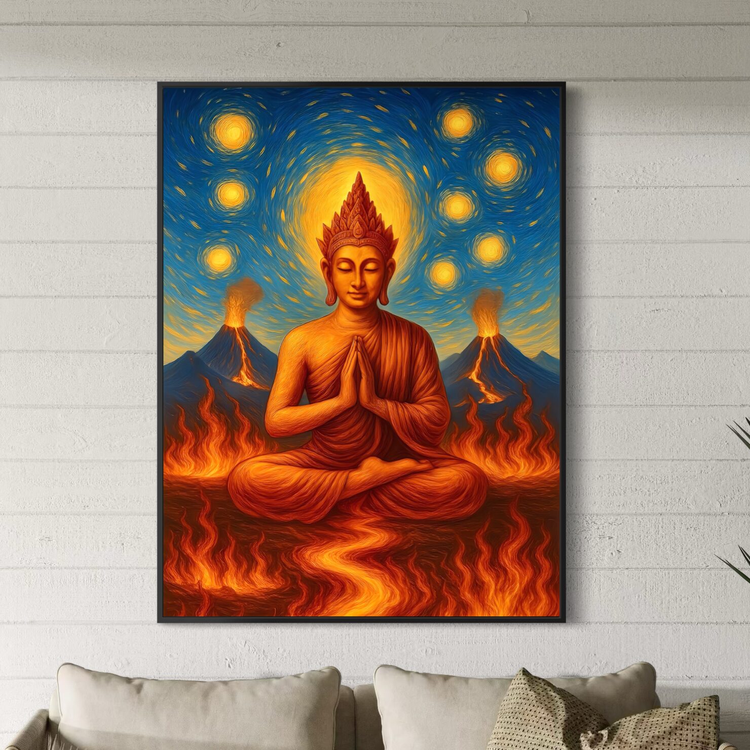 Tableau Bouddha Esprit Volcanique dans un salon contemporain avec méditation spirituelle, volcans sacrés, flammes symboliques et ciel étoilé lumineux
