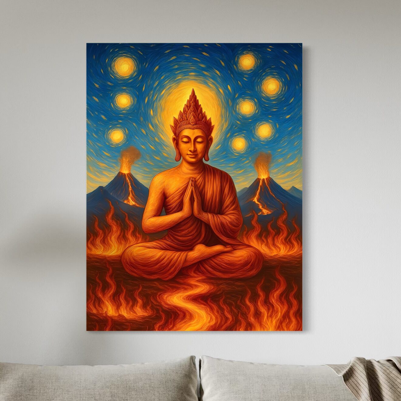 Tableau Bouddha Esprit Volcanique dans un salon moderne avec méditation spirituelle, volcans en éruption et ciel lumineux inspiré de l’art contemporain