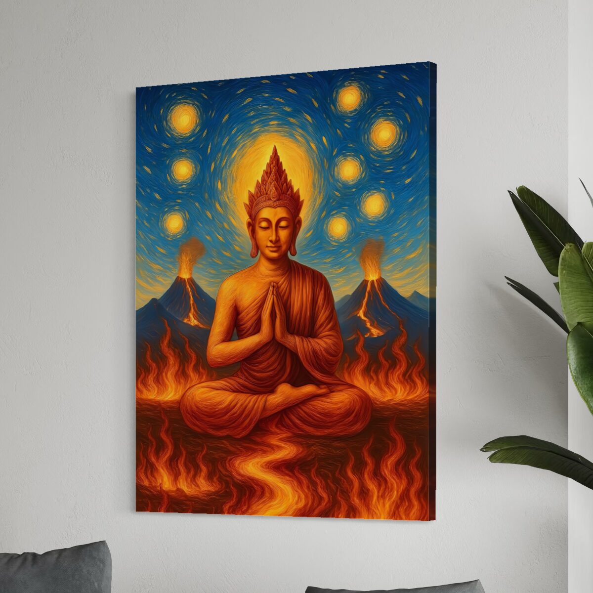 Tableau Bouddha Esprit Volcanique sur toile canvas avec méditation spirituelle, volcans en éruption et ciel étoilé lumineux dans une décoration contemporaine
