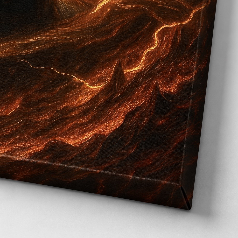 Tableau Volonté Divine – Bouddha Spirituel et Énergie Sacrée Détail de la toile Volonté Divine montrant des flux d’énergie incandescents et des éclairs lumineux dans des teintes rouge feu et orangées