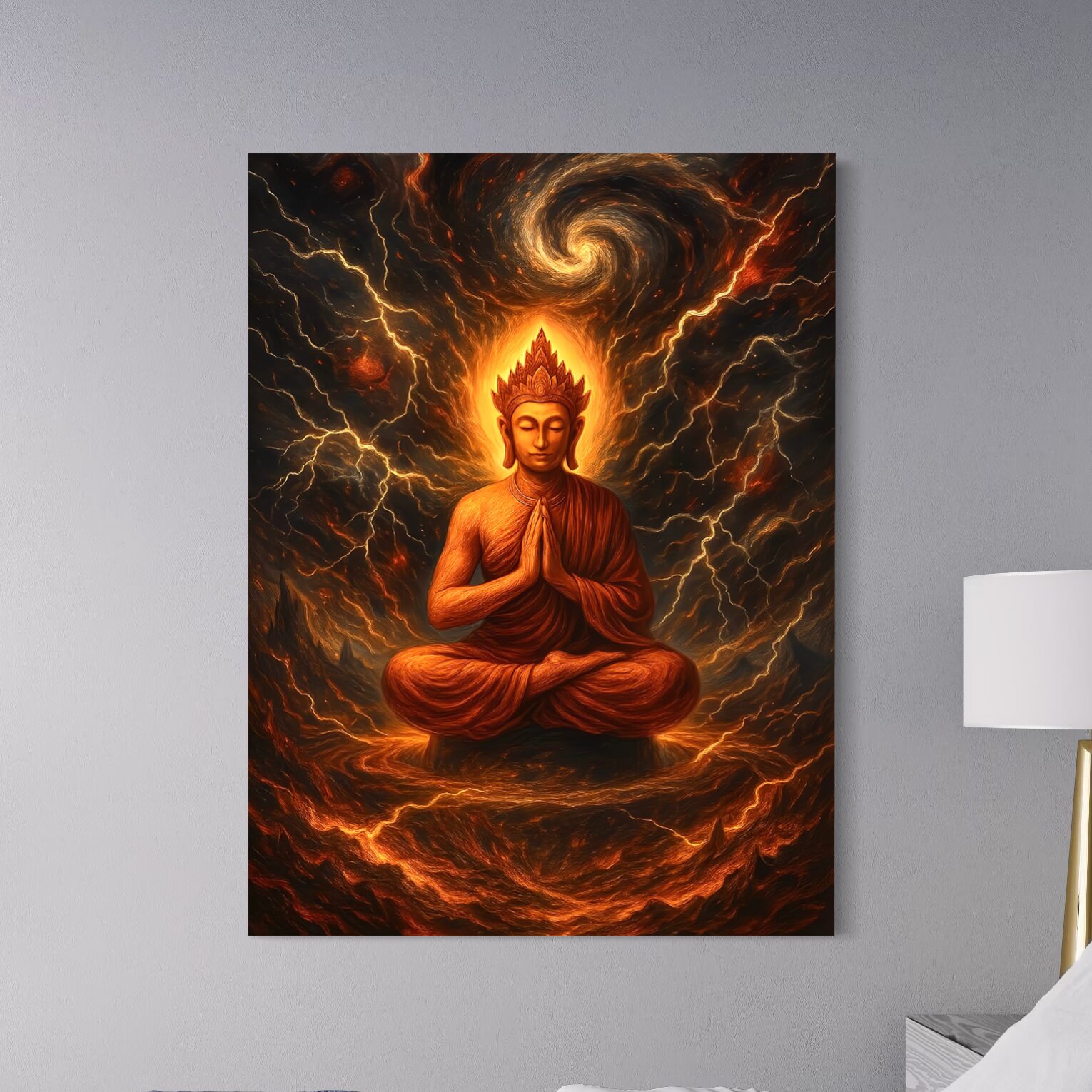 Tableau Volonté Divine – Bouddha Spirituel et Énergie Sacrée Tableau Volonté Divine représentant un Bouddha en méditation entouré d’éclairs flamboyants et d’énergies cosmiques dans une atmosphère spirituelle intense