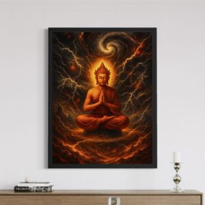 Tableau Volonté Divine représentant un Bouddha en méditation entouré d’éclairs célestes et d’énergies flamboyantes dans une atmosphère spirituelle intense
