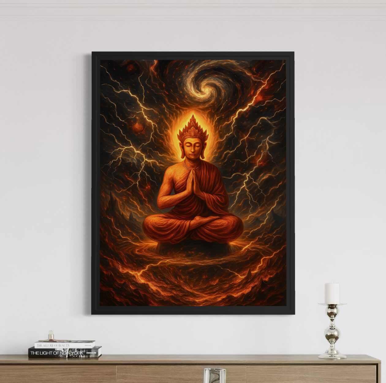 Tableau Volonté Divine – Bouddha Spirituel et Énergie Sacrée Tableau Volonté Divine représentant un Bouddha en méditation entouré d’éclairs célestes et d’énergies flamboyantes dans une atmosphère spirituelle intense
