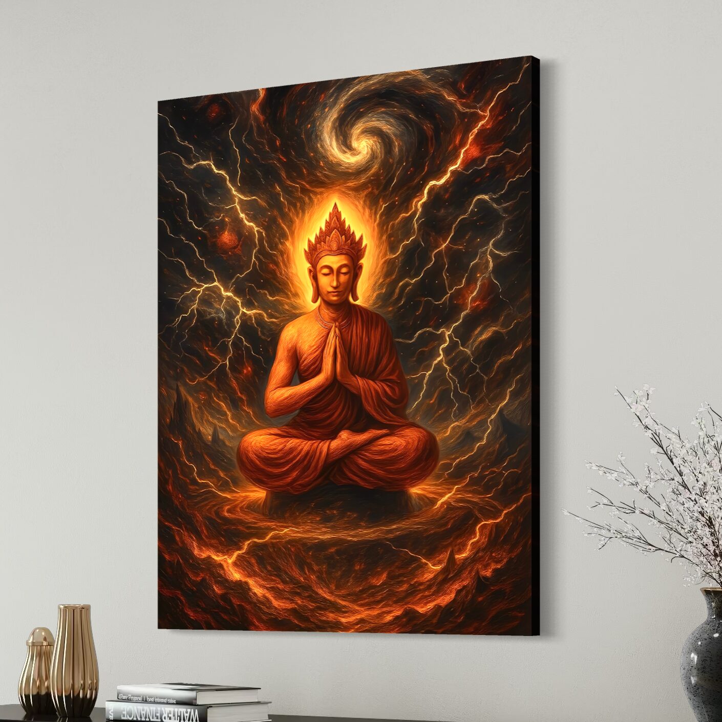 Tableau Volonté Divine – Bouddha Spirituel et Énergie Sacrée Tableau Volonté Divine représentant un Bouddha en méditation entouré d’énergies flamboyantes et d’éclairs sacrés dans une atmosphère spirituelle intense