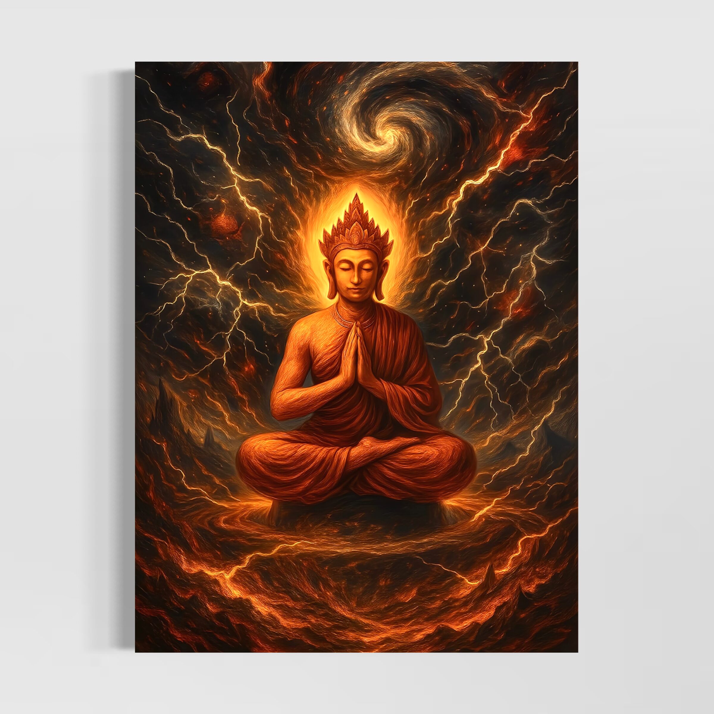 Tableau Volonté Divine – Bouddha Spirituel et Énergie Sacrée Tableau Volonté Divine représentant un Bouddha en méditation entouré d’énergies flamboyantes et d’éclairs dans une atmosphère spirituelle intense