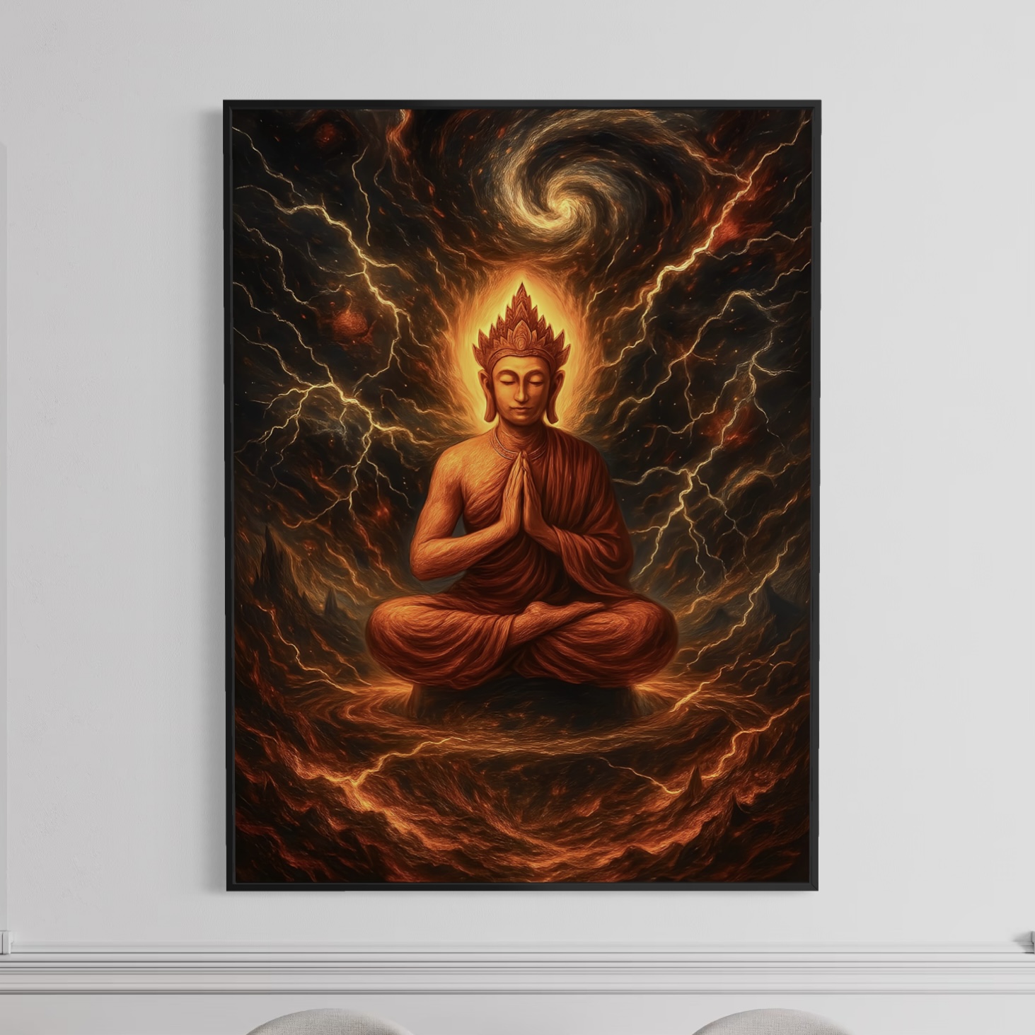 Tableau Volonté Divine – Bouddha Spirituel et Énergie Sacrée Tableau Volonté Divine représentant un Bouddha en méditation entouré d’énergies sacrées et d’éclairs célestes dans une atmosphère spirituelle intense