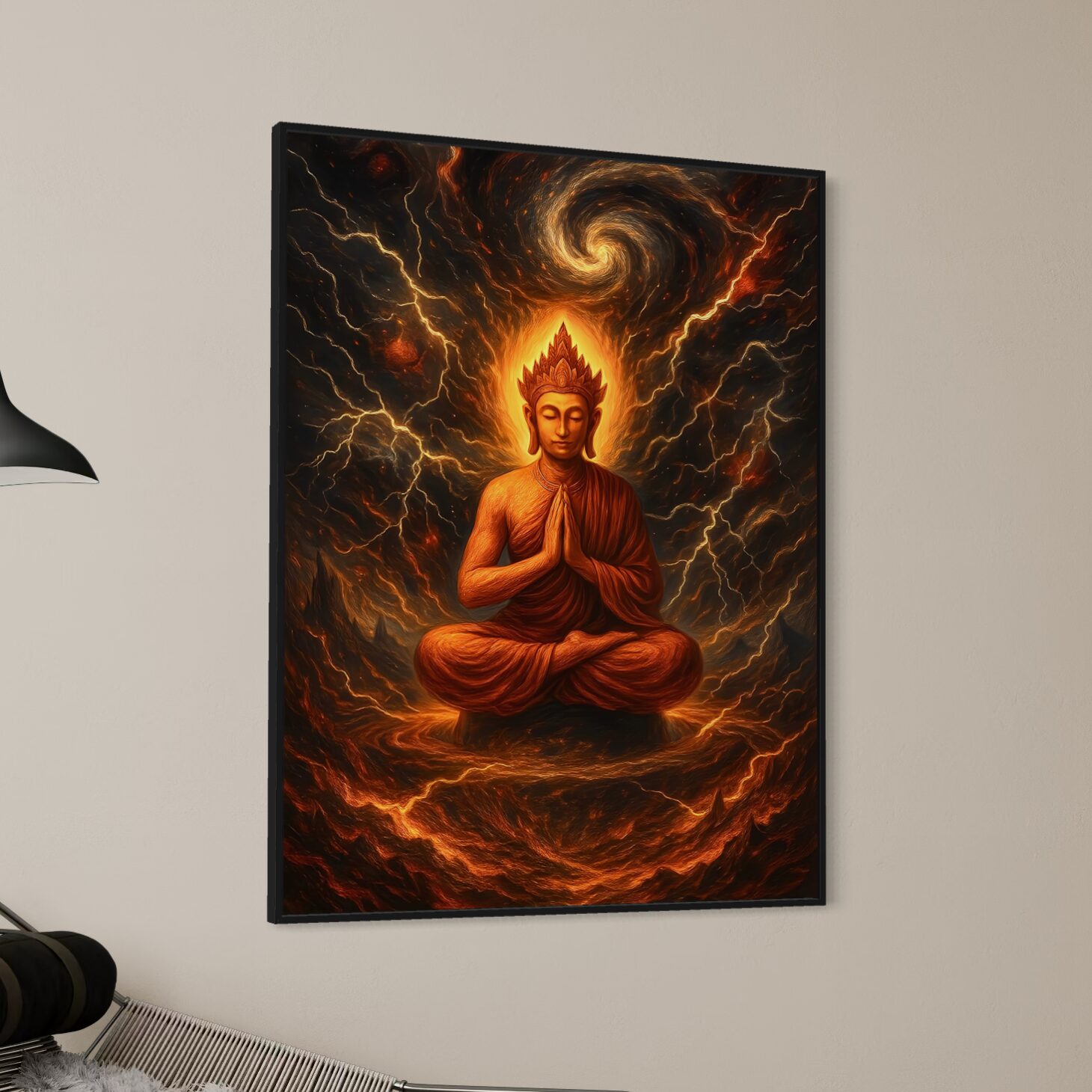 Tableau Volonté Divine – Bouddha Spirituel et Énergie Sacrée Tableau Volonté Divine représentant un Bouddha en méditation entouré d’éclairs sacrés et d’énergies flamboyantes dans une atmosphère spirituelle intense