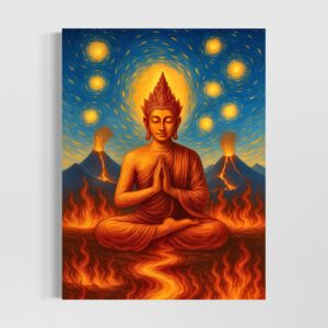 Tableau Bouddha Esprit Volcanique représentant un moine en méditation entouré de flammes, volcans en éruption et ciel inspiré de La Nuit Étoilée