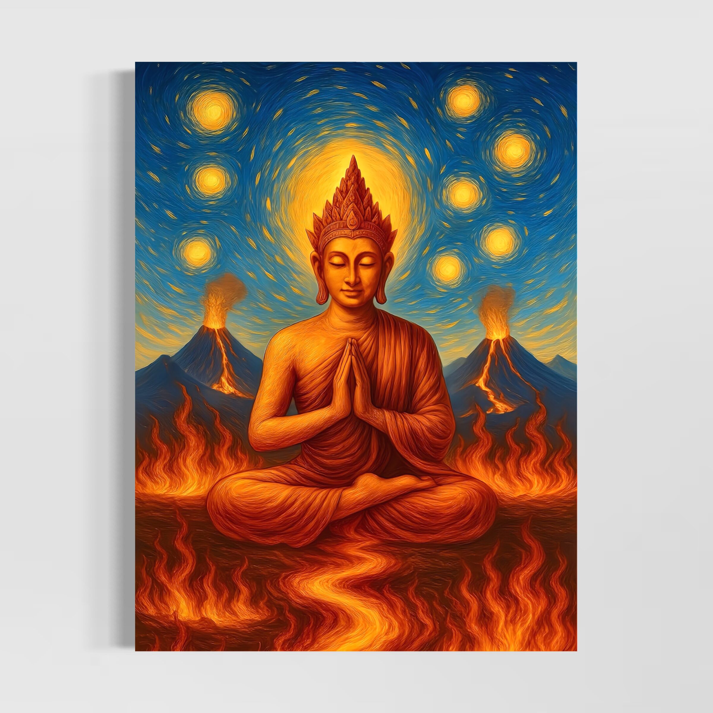 Tableau Bouddha Esprit Volcanique représentant un moine en méditation entouré de flammes, volcans en éruption et ciel inspiré de La Nuit Étoilée