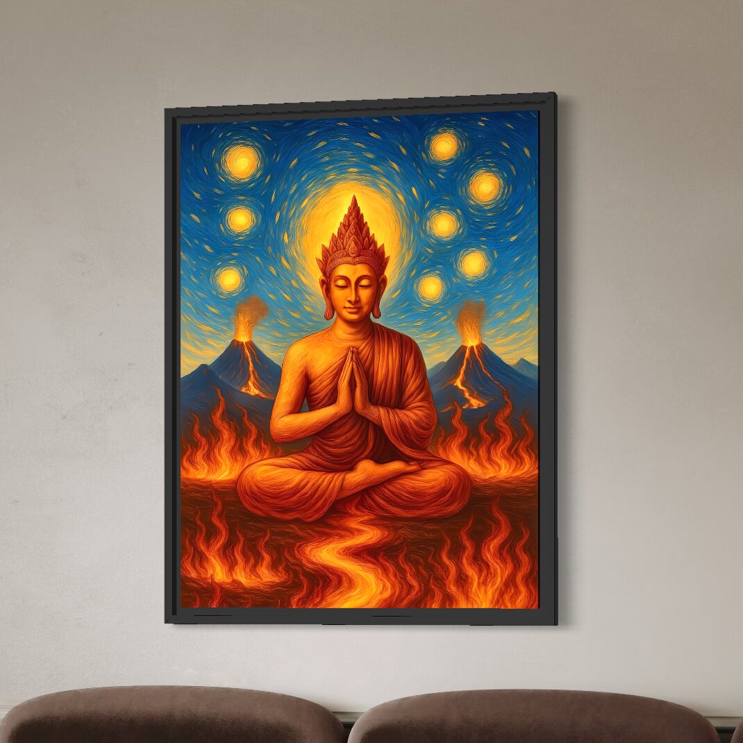 Tableau Bouddha Esprit Volcanique encadré noir dans une décoration contemporaine avec méditation, volcans en éruption, flammes et ciel étoilé lumineux