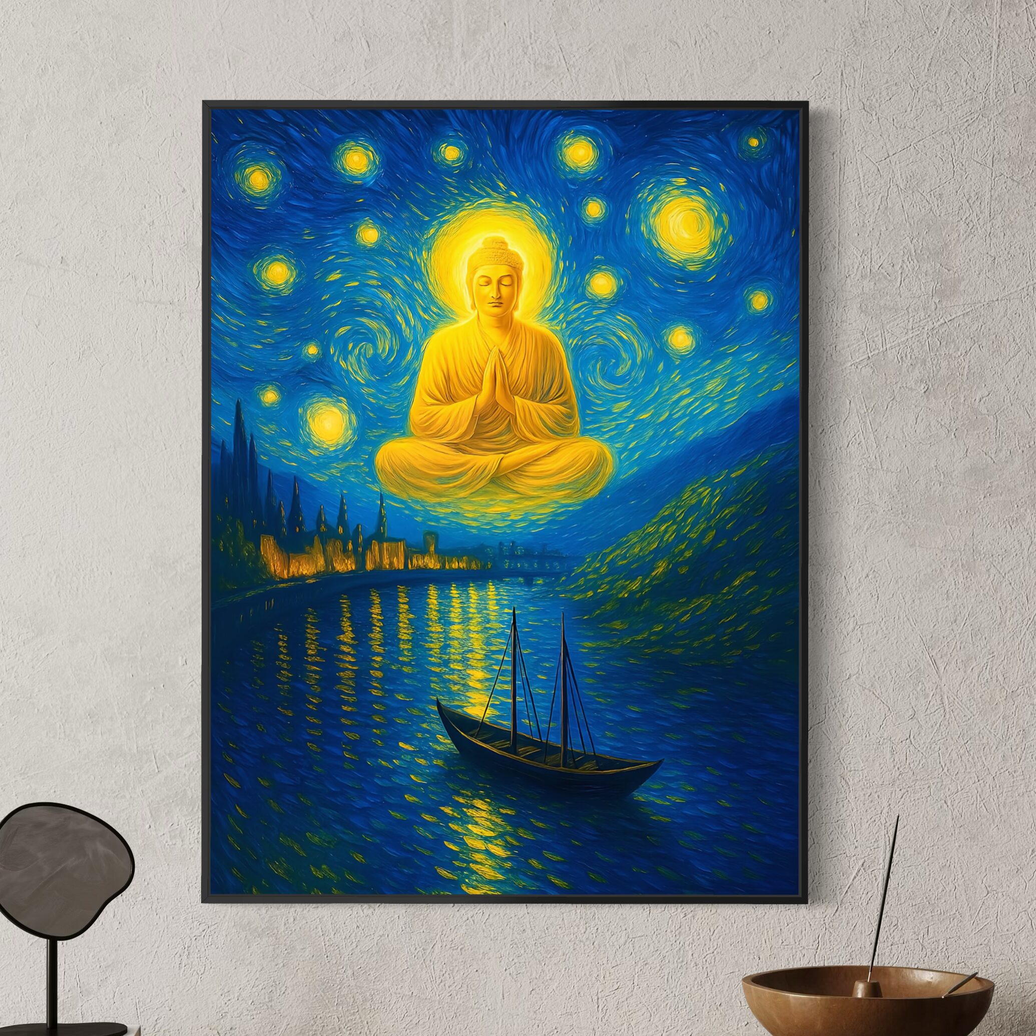 Tableau Éveil Céleste – Bouddha Zen et Nuit Étoilée Tableau Éveil Céleste représentant un Bouddha en méditation sous un ciel étoilé dans un salon zen contemporain