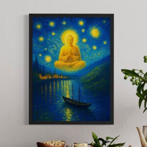 Accueil Tableau Éveil Céleste avec Bouddha en méditation dans une décoration murale zen et apaisante