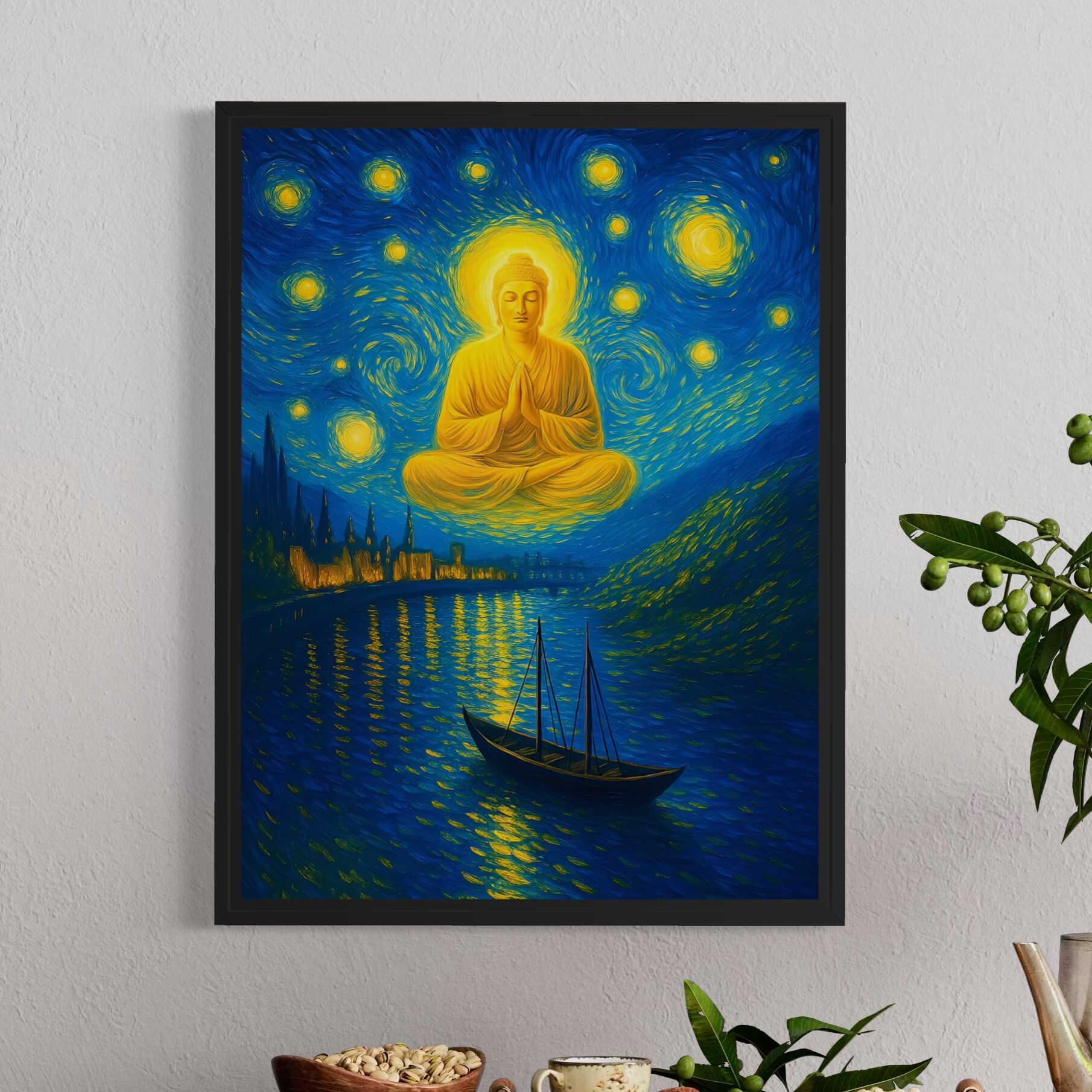 Tableau Éveil Céleste – Bouddha Zen et Nuit Étoilée Tableau Éveil Céleste avec Bouddha en méditation dans une décoration murale zen et apaisante