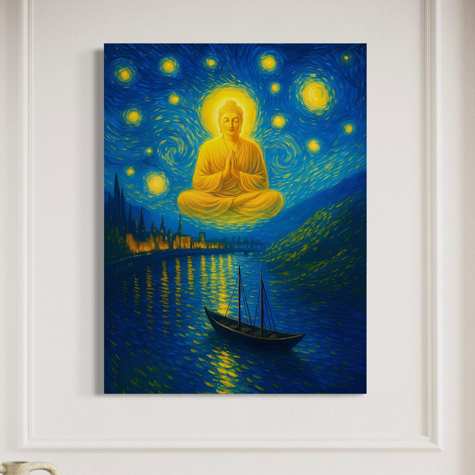 Tableau Éveil Céleste – Bouddha Zen et Nuit Étoilée Tableau Éveil Céleste représentant un Bouddha en méditation sous un ciel étoilé dans une décoration murale zen et spirituelle